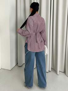 Sirith Camisa de manga larga a rayas minimalista y casual para mujer - Café integral - Ver 2