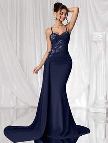 Coutiva Formal Evening Gown (Heavily Embellished) - Navy Blue - View 4