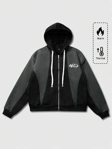 ROMWE MEN Street Life Unisex English Print Patchwork Casual Hooded Sweatshirt, Street Style American, Suitable For Autumn/Winter, Long Sleeve Top - Black - View 4