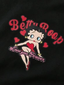 ROMWE MEN Betty Boop | ROMWE 男士拉链连帽衫，采用美国街头设计，蝙蝠袖，卡通人物和字母图案，秋冬 - 黑色 - 查看 7