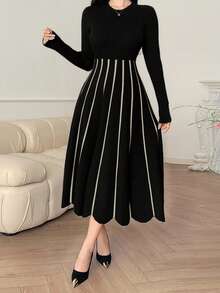 DAZY 女士优雅撞色条纹针织毛衣连衣裙，秋冬款 - 黑色 - 查看 4