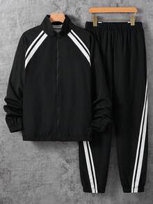 SHEIN 2件套宽松青少年男童字母滚边拉链外套和裤子套装