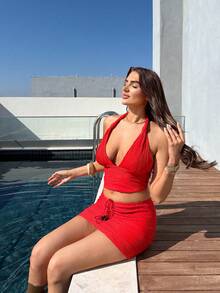 Ambs Edit 2025 Casual Sexy Gathering Holiday Back To School Season Textured V-Neck Cropped Halter Tank Top And Mini Pleated Skirt Set For Women - Red - View 1