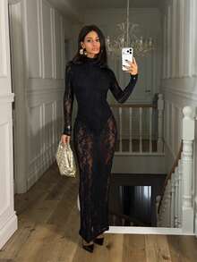 Ronhire 女士长袖花朵蕾丝露背性感连衣裙 - 黑色 - 查看 4