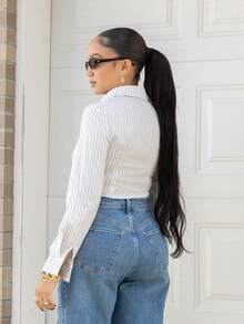 Melissa Matos Autumn Casual Buttoned Long Sleeve Slim Fit Striped Shirt Fall Cloth For Women - White - View 2