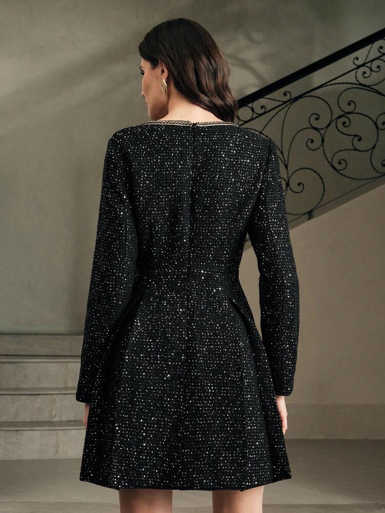 Elegant Sequin Decor Waist Cinched Square Neck Long Sleeve Dress For Women, Suitable For Fall, Winter, Spring, New Year, Party, Wedding, Chic, Stylish, Formal, Work, Thanksgiving, Graduation, Christmas