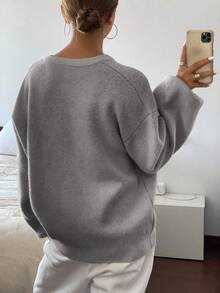 DAZY Letter Jacquard V-Neck Loose Fit Women Sweater - Grey - View 2