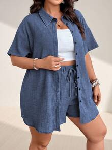 Momelise Plus Size Vacation Casual Solid Color Shirt & Shorts 2 Pieces Set - Dusty Blue - View 5