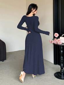 DAZY 女士优雅纯色V领扭结中长连衣裙，秋冬款 - 藏蓝色 - 查看 2