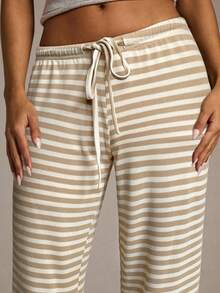 Aloruh Women's Apricot Striped Low-Waist Pants, Autumn/Winter - Apricot - View 6