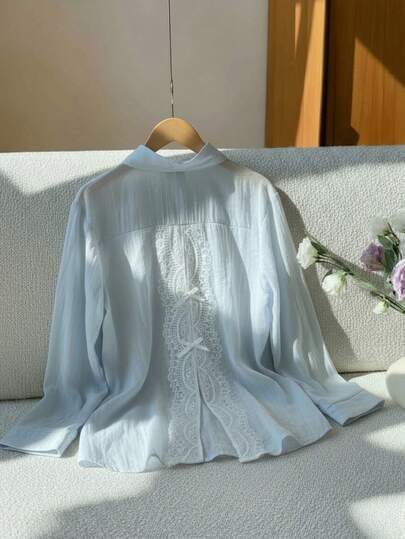 Tween Girls' Light Blue Chiffon Lace Collar Long Sleeve Blouse, Versatile & Elegant For Commuting Fall Winter