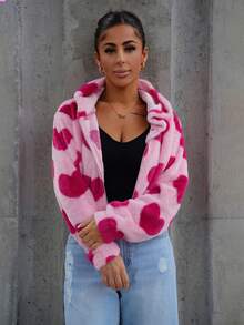 SAYEHFBABY Women's Heart Pattern Fleece Hooded Casual Jacket For Fall/Winter - Pink - View 1