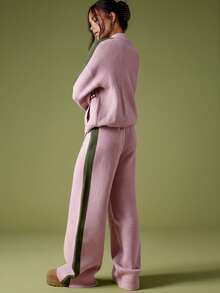 MISSGUIDED Knitted Wide Leg Pants With Green Stripe Detail And Embroidered Logo For Casual Comfort - Pink - View 2