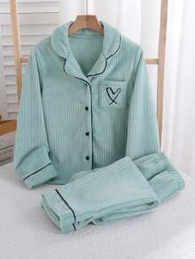 Girls Pajamas Set, Lotus Root Pink, Heart Embroidery, Long Sleeve Top And Long Pants, Sleepwear For Tween Girl - Olive Green - View 3