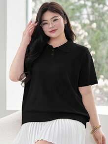 Dazy Plus ملابس علوية محبوكة ذات أكمام قصيرة ذات قالب متماسك بياقة بولو، للربيع/الصيف/الخريف - الأسود - مشاهدة 4