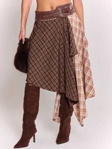 MUSERA 厚实铆钉腰带格纹不对称下摆中长裙，适合夜间外出、街头风、可爱性感、未裁剪优雅款 - 彩色 - 查看 3