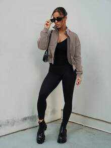 SAYEHFBABY Washed Zip Through Jacket Sweatshirt Tracksuit Seam Detail Back To School Autumn Winter Cosy Fall Christmas Cute Casual Everyday Capsule Wardrobe Y2K Streetwear - Brown - View 1