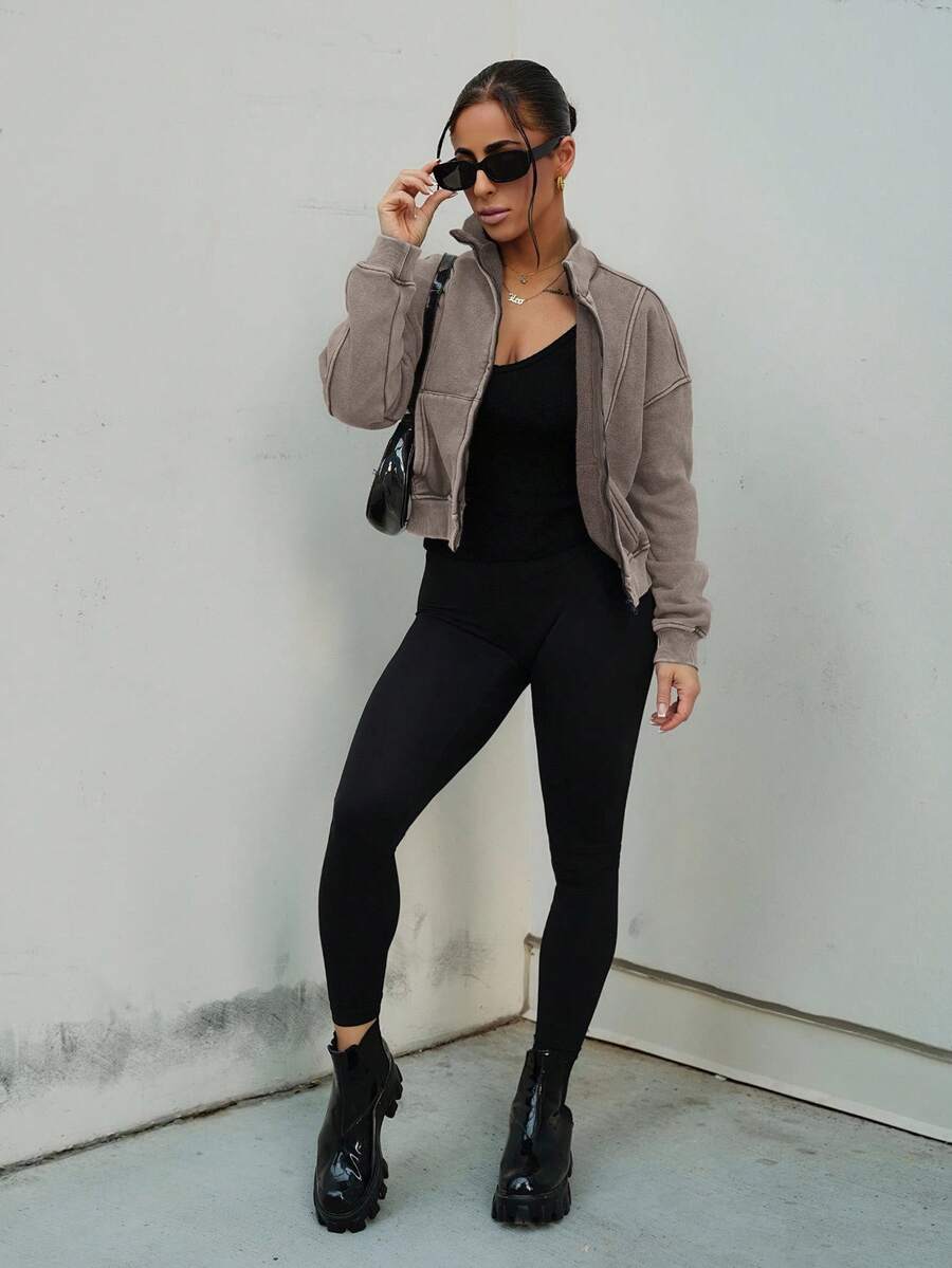 SAYEHFBABY Washed Zip Through Jacket Sweatshirt Tracksuit Seam Detail Back To School Autumn Winter Cosy Fall Christmas Cute Casual Everyday Capsule Wardrobe Y2K Streetwear - Brown - View 1