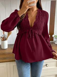 SHEIN Maternity Contrast Lace Deep V-Neck Tie Front Lantern Sleeve Sexy Blouse