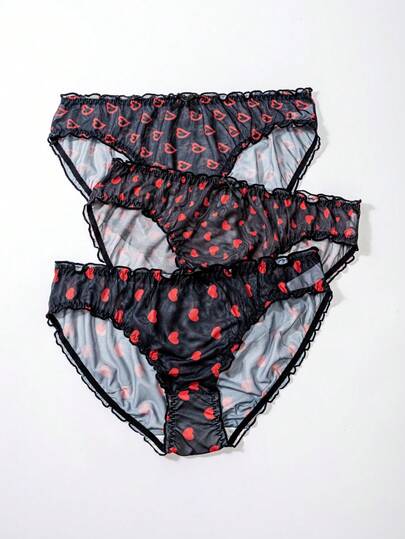 PetitDoll 3件装大码女式心形印花荷叶边时尚内裤