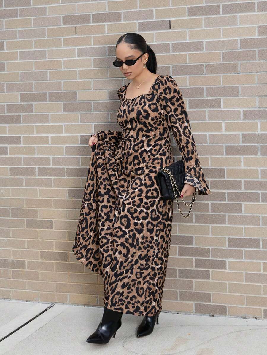 Melissa Matos Women's Fashion Leopard Print Flare Sleeve Dress For Autumn Elegant Women Dresses Long Evening Dresses