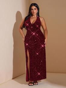 SHEIN BAE Váy xẻ tà cao cổ chữ V cỡ lớn đính sequin - Màu Đỏ Sâu - Xem 2