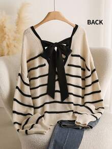 CosyJoli 大码女式 V 领长袖条纹，日常穿着蝴蝶结背部设计，休闲时尚条纹针织上衣系带毛衣秋冬 V 领针织上衣套头毛衣女式条纹毛衣秋季