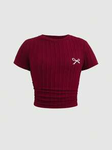 SHEIN Tween Girls' Casual Minimalist Comfortable Round Neck Short Sleeve Ruched Side Crop Top And Pants Set - Red - View 8