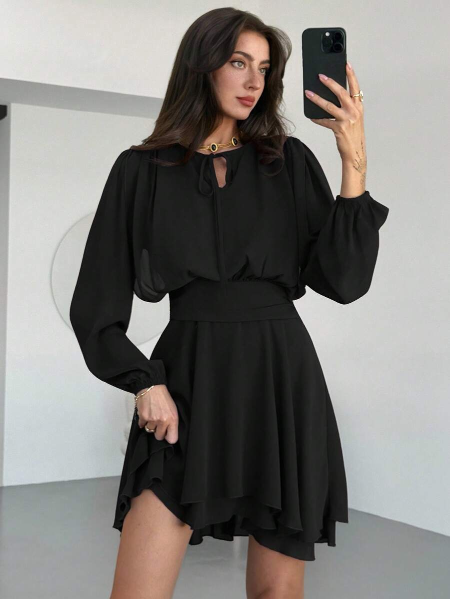 Aloruh Black Elegant French Date Dinner Date Music Festival Tie-Up Long Sleeve Ruffle Hem Mini Dress For Women Autumn - Black - View 1