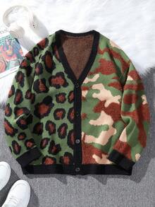 Claim Dot Men's Dropped Shoulder Long Sleeve Leopard Camo Knit Casual Cardigan, For Winter - Multicolor - View 6