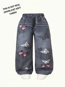 SHEIN 女婴可爱休闲百搭海军蓝蝴蝶图案松紧腰裤 - 彩色 - 查看 1