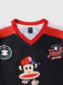 ROMWE MEN Paul Frank X ROMWE 男士条纹卡通图案V领撞色长袖运动T恤 - 黑色 - 查看 3