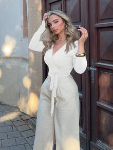 Jeta Ari Soft, High Elasticity Pink Yoga Fitness Sports Wrap V-Neck Long Sleeve Crop Top, Fashion, Casual, Elegant All-Match Essential Design For Women, Spring & Autumn Fall Cloth For Women - White - View 5