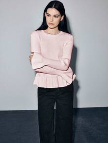 Lumivelle Sweater Pullover Pas Badan Lengan Lebar Warna Aprikot, Sweater Pink Musim Gugur/Dingin Lengan Lonceng Atasan Berkerut Pink - Berwarna merah muda - View 7