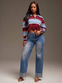 Denimoi Calça jeans feminina de corte reto e folgado com bolsos e barra desfiada, casual e versátil. - Azul - Ver 1