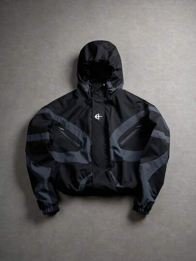 PAVTROS Manfinity Streetrush Men's Long Sleeve Casual Colorblock Patchwork Design Jacket, Suitable For Spring And Autumn , Techwear Jacket , Black Graphic Jacket , Graphic Zip Up Jacket , Men's Long Sleeve Windbreaker Jacket, Men's Long Sleeve Crop Jacket