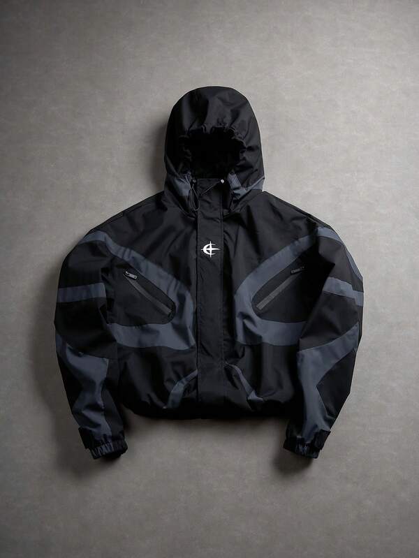 PAVTROS Jachetă casual bărbătească cu design patchwork color block, potrivită pentru primăvară și toamnă, jachetă Techwear, jachetă grafică neagră, jachetă cu fermoar grafic, jachetă bărbătească, stil anii 2000