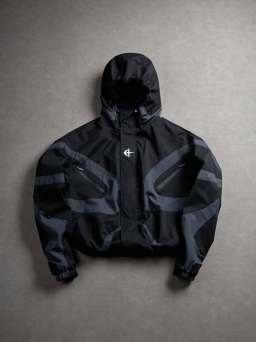 PAVTROS Manfinity Streetrush Men's Casual Colorblock Patchwork Design Jacket, Suitable For Spring And Autumn , Techwear Jacket , Black Graphic Jacket , Graphic Zip Up Jacket , Mens Windbreaker, Techwear Jacket, Men's Windbreaker Jacket, Men's Crop Jacket