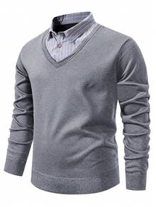 Manfinity Homme 男士保暖内衬商务风翻领加厚针织长袖毛衣，男士商务休闲上衣，灰色毛衣套头衫 - 灰色 - 查看 5