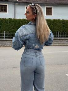 Jeta Ari 女士长袖单排扣短款破洞牛仔夹克 - 淺色水洗藍 - 查看 2