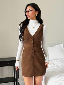 SHEIN PETITE Vestido curto marrom de veludo cotelê com bolsos aplicados e abotoamento simples, estilo country. - Castanho - Ver 7