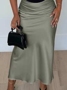 Alexandranx Women Solid Color High Waist Fishtail Hem Skirt Maxi Women Outfit - Green - View 3