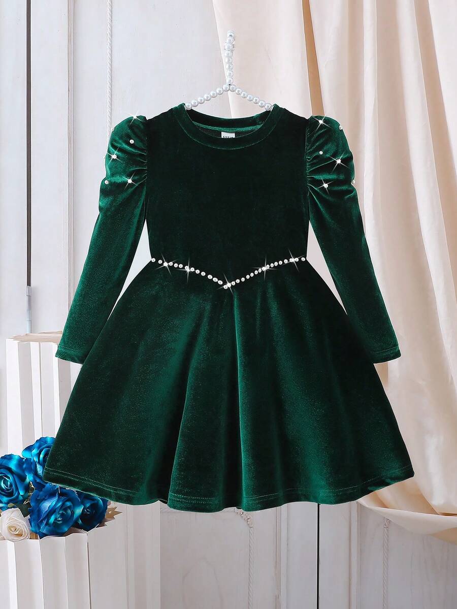 Sparklyn Váy chữ A cổ chữ V tay dài đính ngọc trai giả cho bé gái, thích hợp cho các bữa tiệc và sự kiện, mùa xuân/thu - màu xanh lá - Xem 1