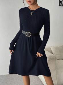 SHEIN Clasi Váy len dệt kim màu trơn cổ tròn tay dài cho nữ mùa thu - Màu xanh hải quân - Xem 5