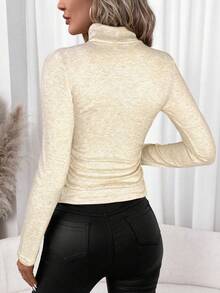 SHEIN Clasi 女士厚款高领打底T恤，百搭秋冬装 - 卡其色 - 查看 2