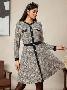 Zelara Plus Size Women Metal Button Design Round Neck Long Sleeve Elegant Dress - Multicolor - View 4