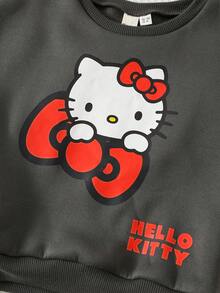 HELLO KITTY AND FRIENDS | SHEIN 女童两件套休闲百搭舒适猫咪印花圆领宽松卫衣和慢跑裤套装 - 灰色 - 查看 6