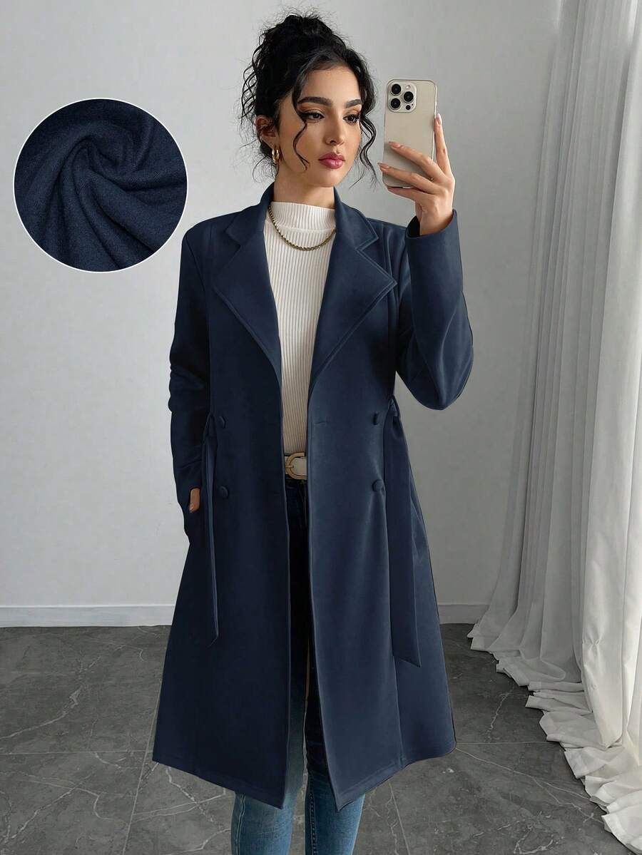 SHEIN PETITE Áo khoác nữ dáng dài vừa phải chất liệu da lộn giả trơn màu thanh lịch - Màu xanh hải quân - Xem 1