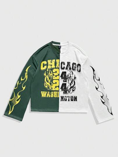Prep Men's Letter & Flame Print Contrast Color Round Neck Long Sleeve T-Shirt