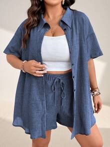Momelise Plus Size Vacation Casual Solid Color Shirt & Shorts 2 Pieces Set - Dusty Blue - View 6